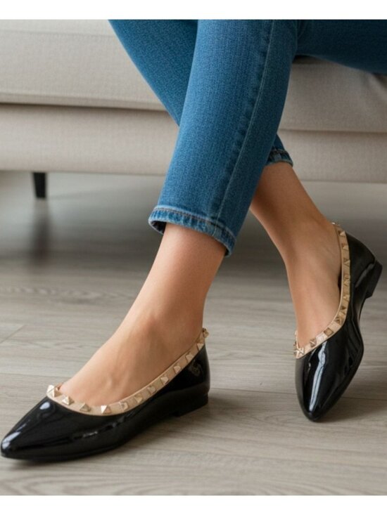 Shoes - Black Patent Pointed Toe Flats With Gold Studded Trim